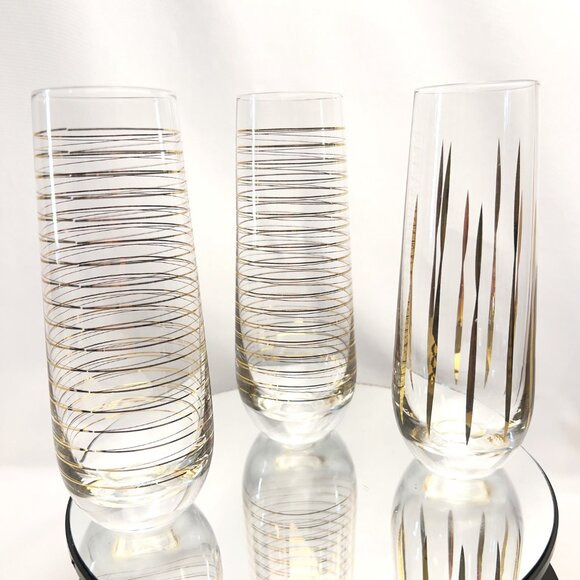 Mid-Century Modern Champagne Glass Flutes Gold & White Glassware Set of 3 - Picture 10 of 10